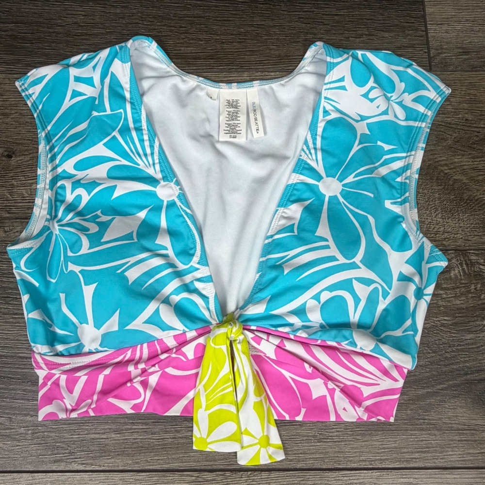 Bleu Rod Beattie Floral Front Tie Bikini Top Blue Pink Lime 6 Summer Swimwear
